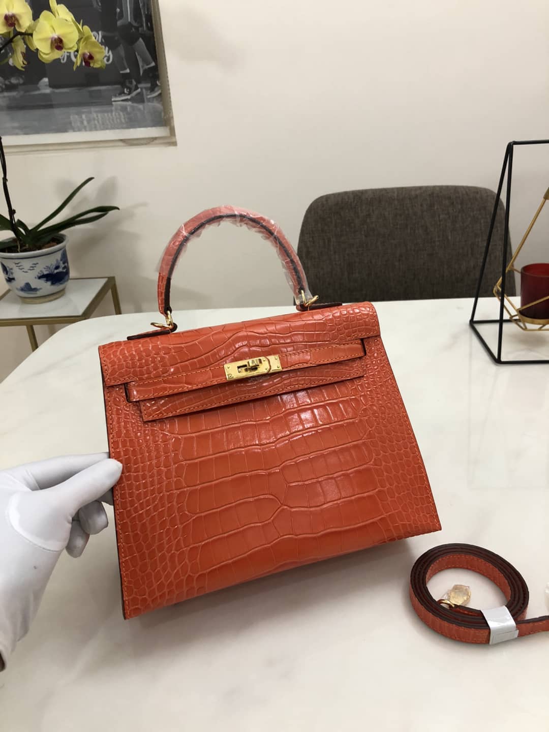 H**me5 Kelly Dupe 25CM Crocodile Shiny Replica Bag