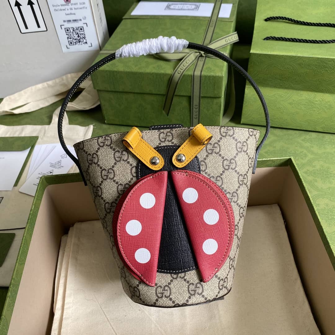 Gvc*1 GG Children Ladybug Svp*me Canvas Bucket Bag Replica 666277