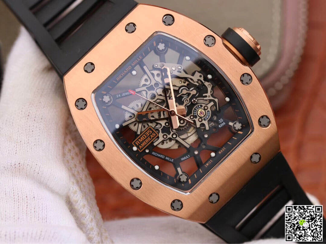 Replica Richard Mille RM035 Americas KV Factory 1:1 Best Edition Rose Gold Black Strap